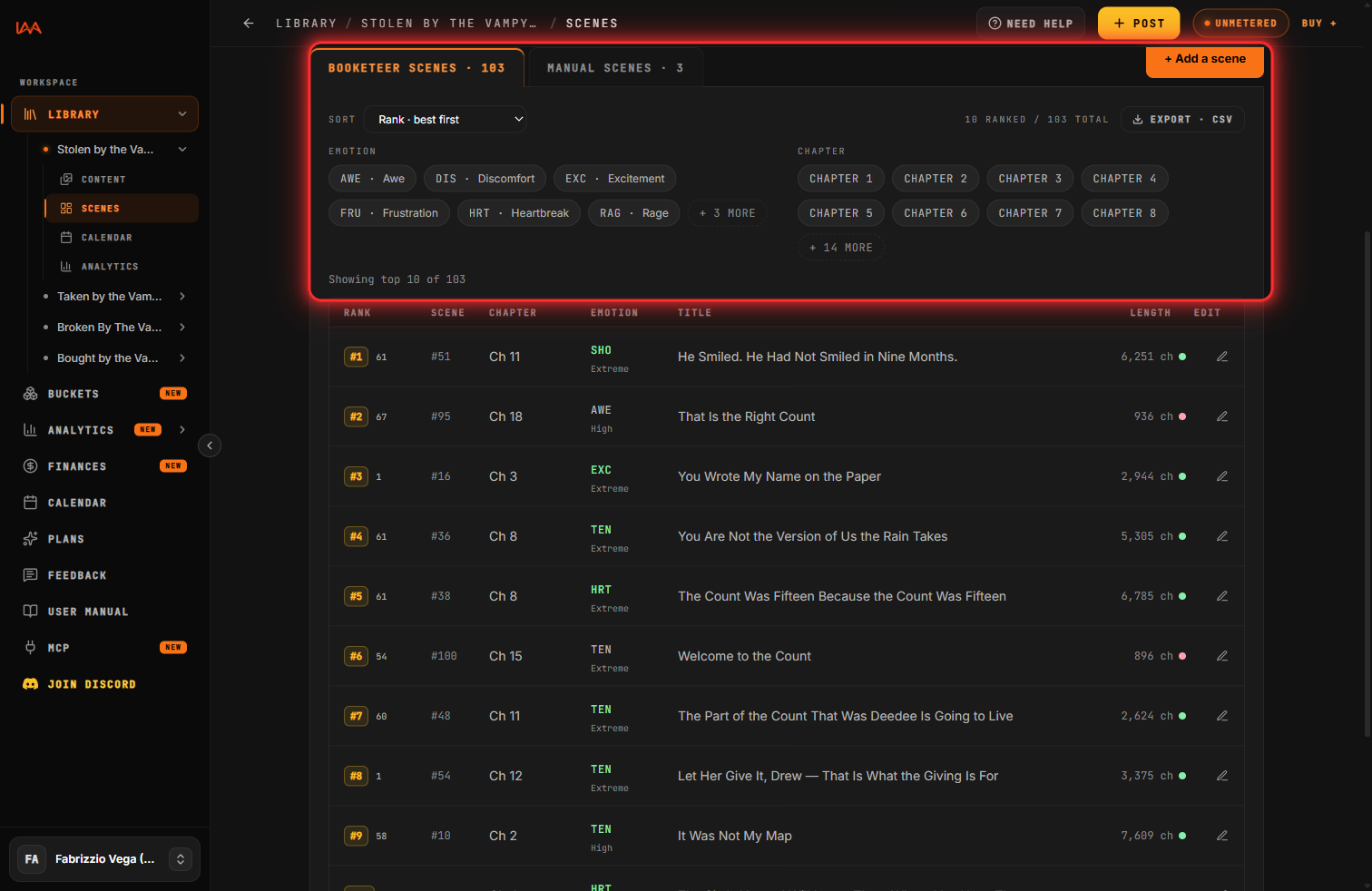 The scenes list with the Booketeer and Manual tabs and the emotion filter.