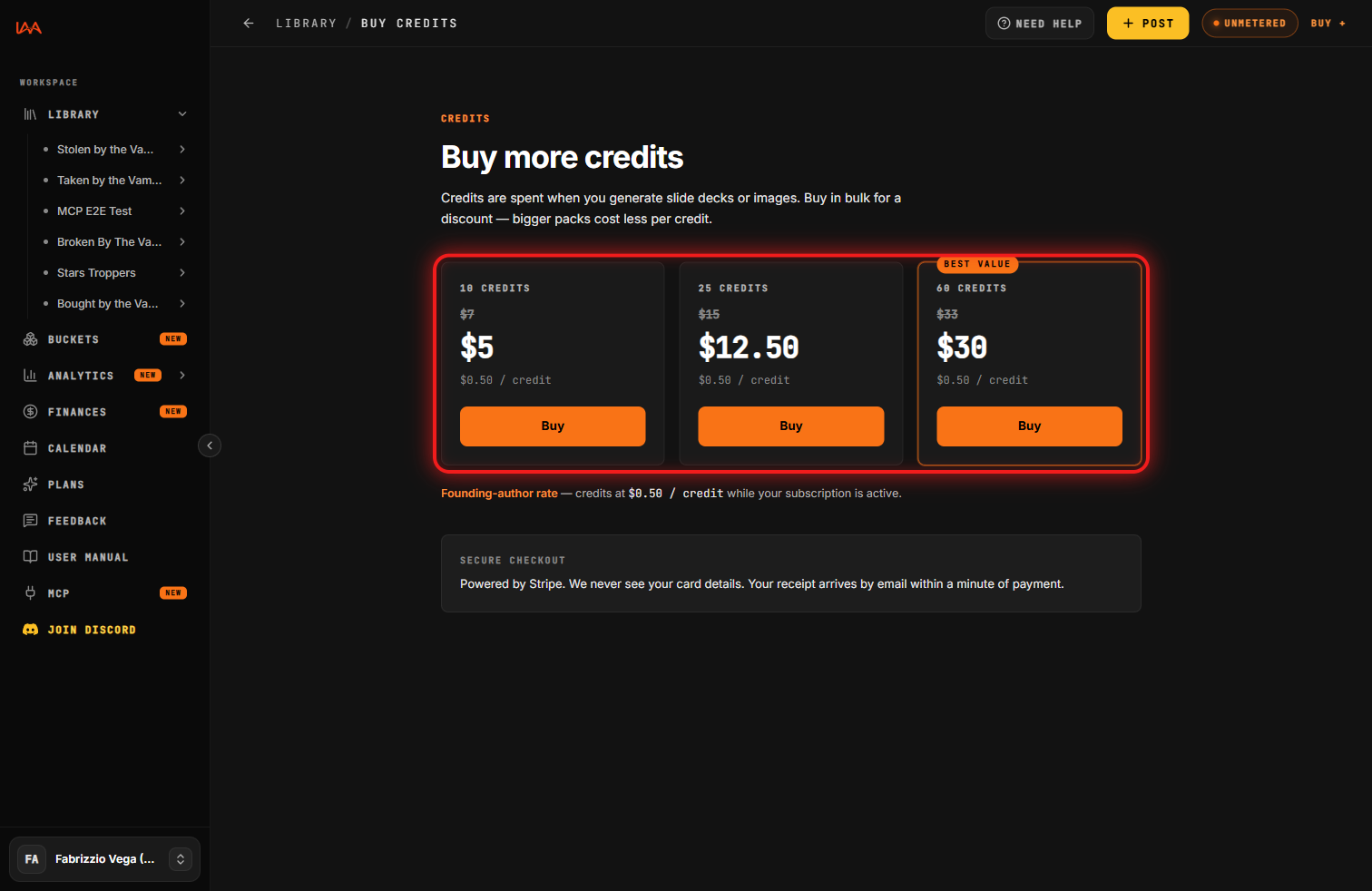 The Buy credits page with the packs.