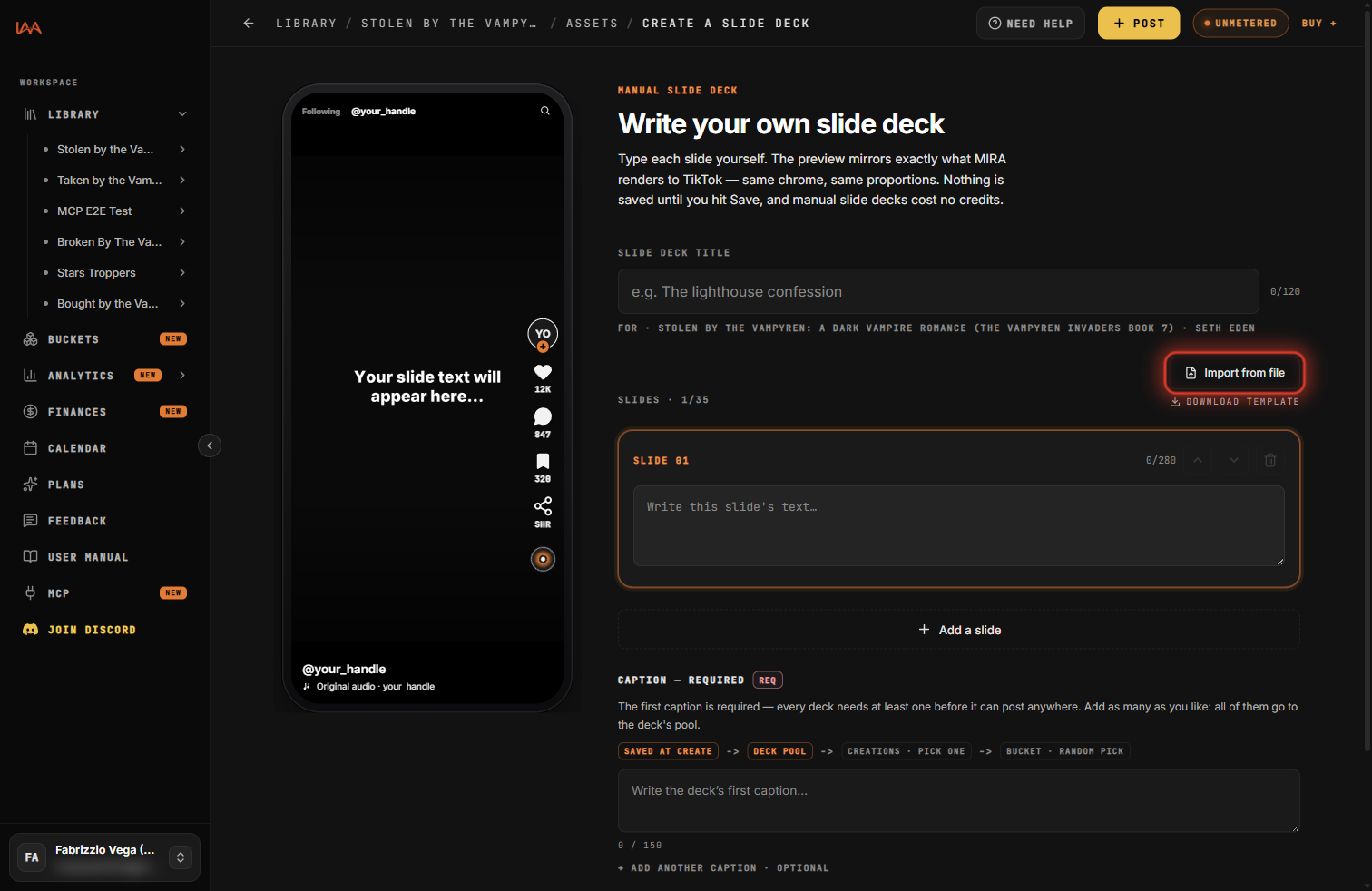 The slide deck writer with the phone preview and Import from file.