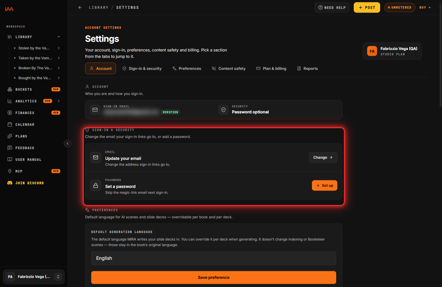 Settings with the Sign-in & security card.