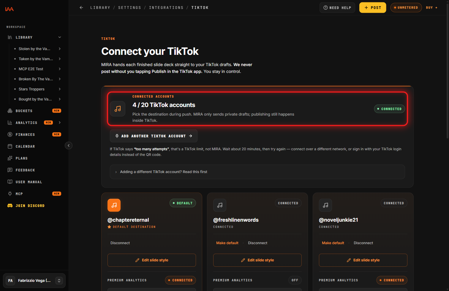 The TikTok page with one connected account.